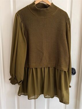 Eloquii Olive Green Mixed-Media Cowl Sweater 22W/24W